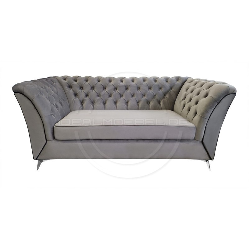 Chesterfield Glamour Sofa Luton Samt 3-Sitzer Silber Beine