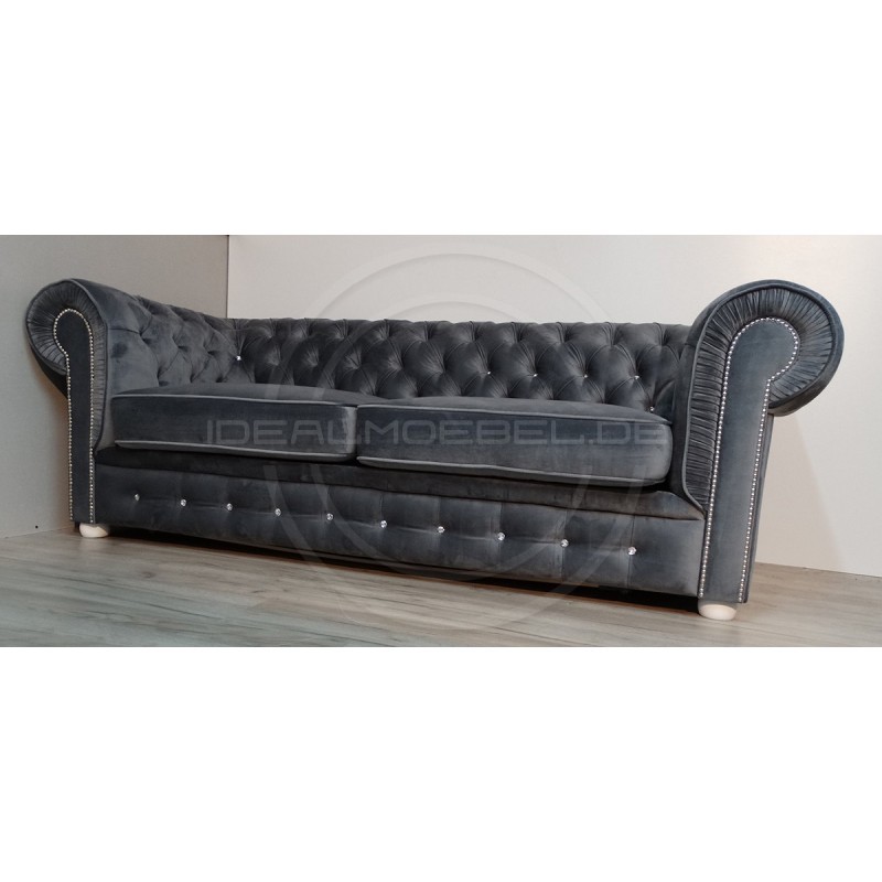 Chesterfield Sofa March mit Kristallen Samt 3-Sitzer