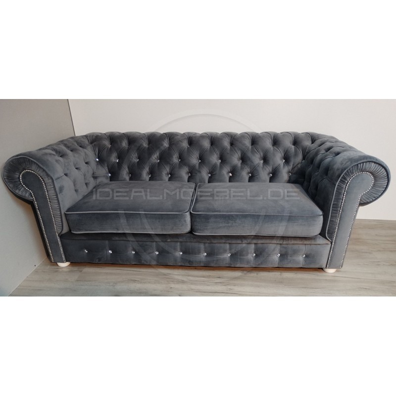 Chesterfield Sofa March mit Kristallen Samt 3-Sitzer
