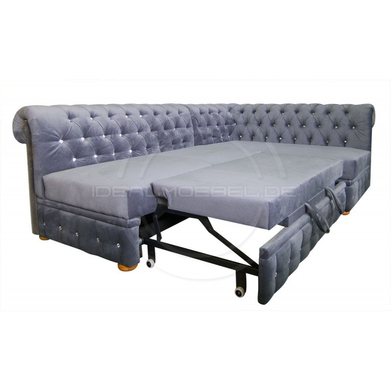 Narożnik Chesterfield March Rem bez boków z funkcją spania i kryształkami